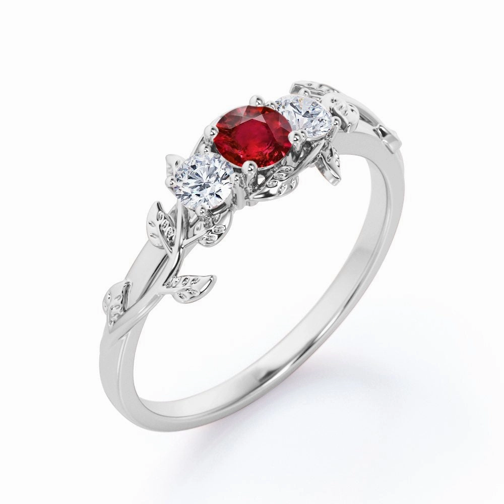 Modern Outfit Floral Three-Stone 0.70 ct Round Lab-Created Ruby Engagement Ring