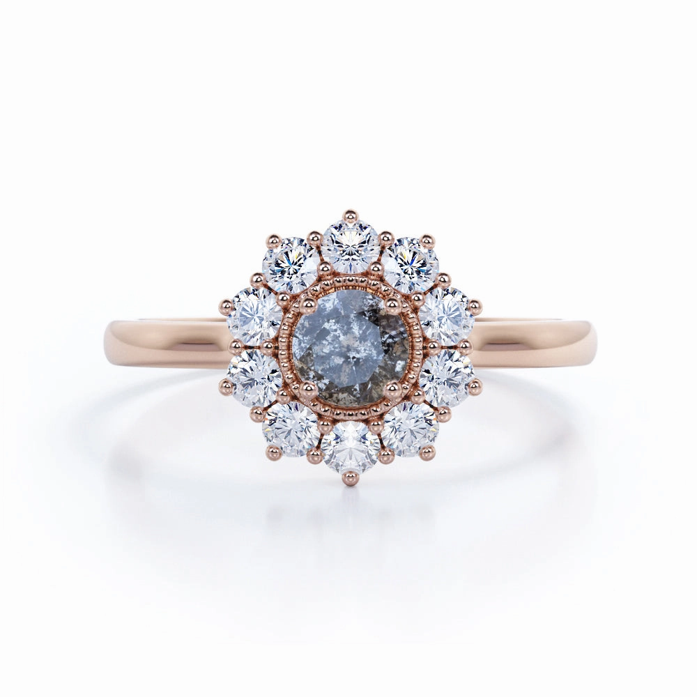Flower 1 Ct Round Salt and Pepper Diamond Engagement Ring Strong Work Photo Prop