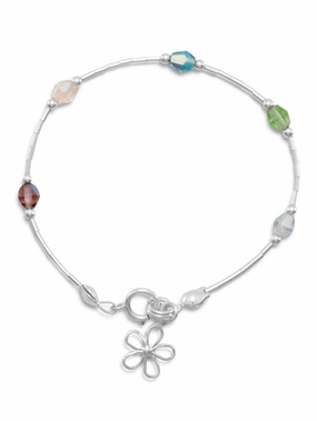 Honored Fusions Flower Charm Bracelet with Liquid Silver Multicolor Crystals Sterling, Made in the USA