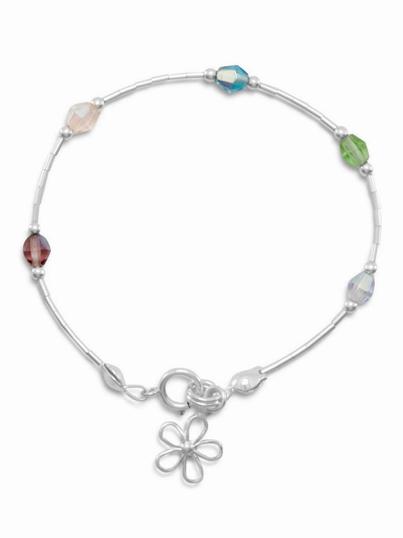 Honored Fusions Flower Charm Bracelet with Liquid Silver Multicolor Crystals Sterling, Made in the USA