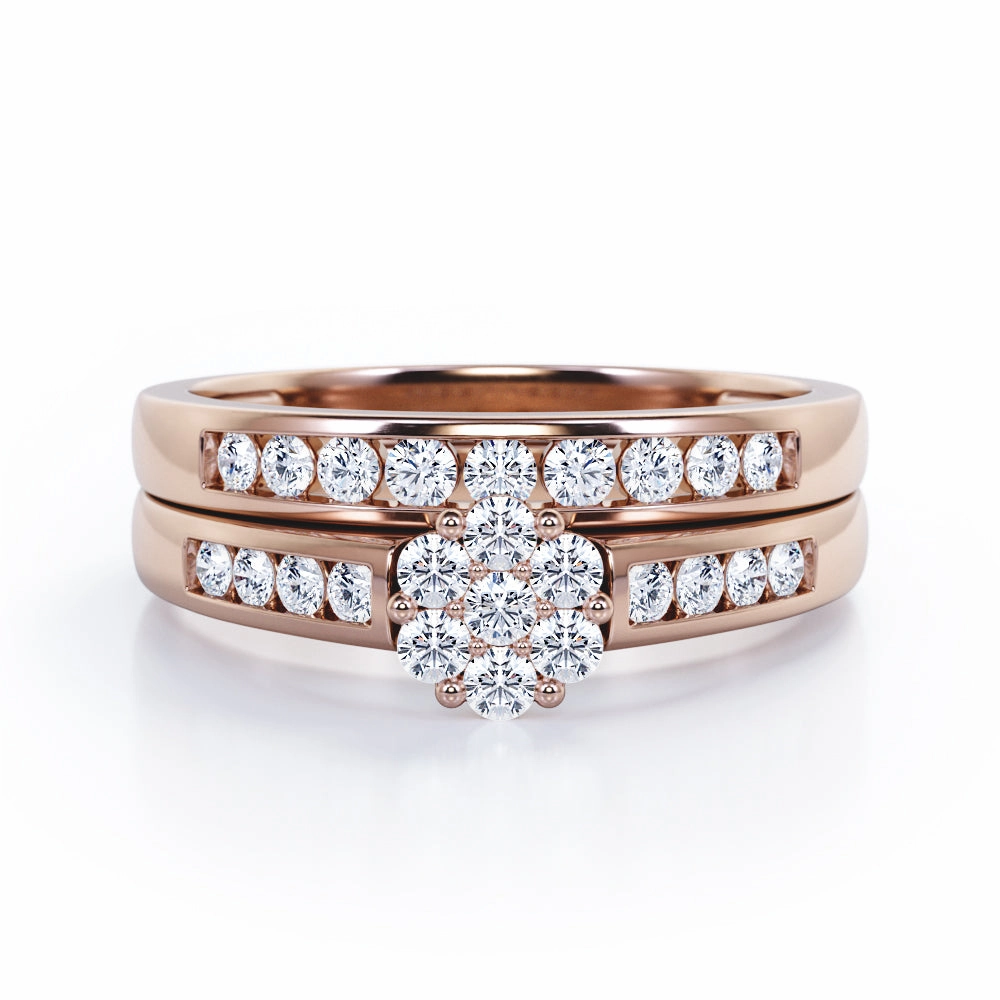 Unique Article Flower Cluster Design 0.5 TCW Round-Shaped Diamond Flush-Channel Bridal Set in 10K White Gold