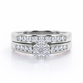Flower Cluster Design 0.5 TCW Round-Shaped Diamond Flush-Channel Bridal Set in 10K White Gold Ritual Object Graceful Simplicity