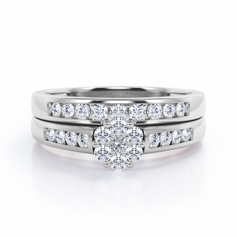 Flower Cluster Design 0.5 TCW Round-Shaped Diamond Flush-Channel Bridal Set in 10K White Gold Ritual Object Graceful Simplicity