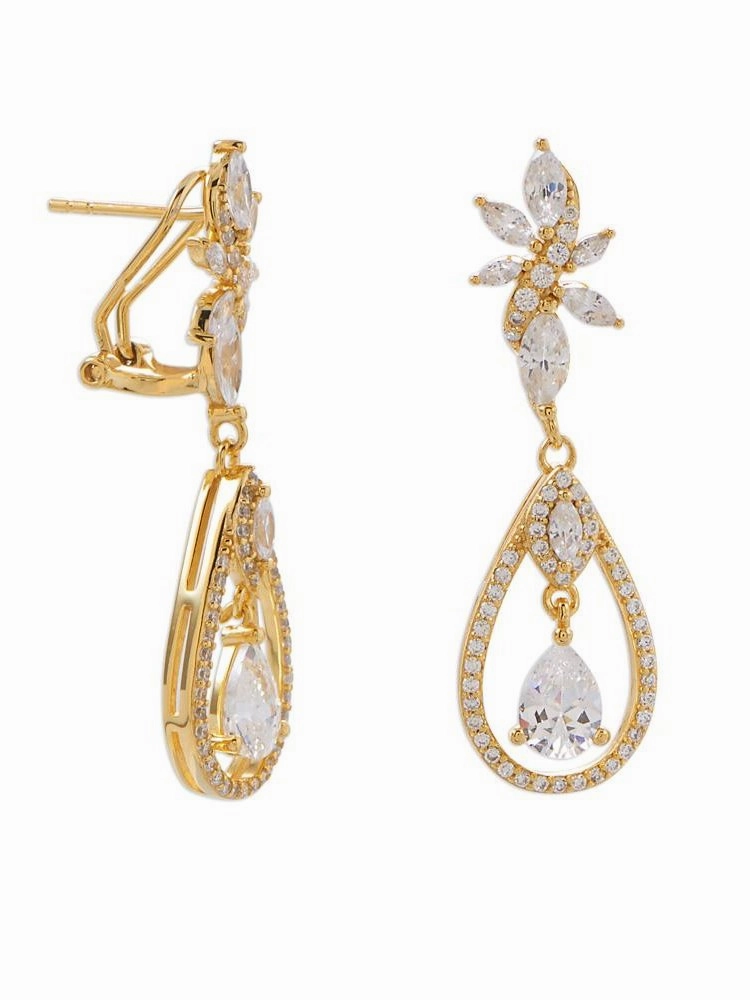 Flower Ribbon Marquise and Pear Dangle Drop Earrings Gold-plated Sterling Silver Circular Embellishment Refined Adornment