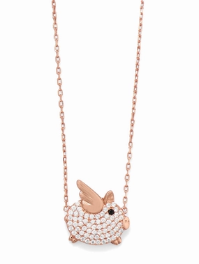Spring Detail Street Style Flying Pink Pig Necklace with Cubic Zirconia Rose Gold-plated on Sterling Silver