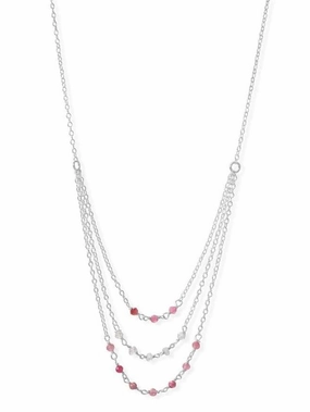 Amazing Jewelry Friendship Gift Pink Tourmaline and Rainbow Moonstone 3-Row Bead Bib Necklace Sterling Silver