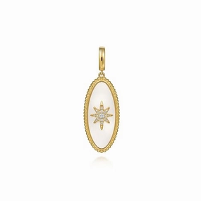 14K Yellow Gold Diamond and White Mother of Pearl Bujukan Oval Shape Medallion Pendant Subtle Charm Shimmering Detail