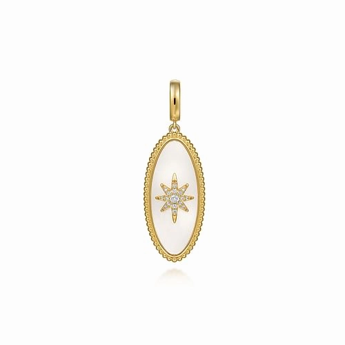 14K Yellow Gold Diamond and White Mother of Pearl Bujukan Oval Shape Medallion Pendant Subtle Charm Shimmering Detail
