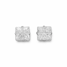 Petite Ornament Shiny Detail Four Cut 4 Cut Square 6mm Cubic Zirconia Sterling Silver Post Stud Earrings