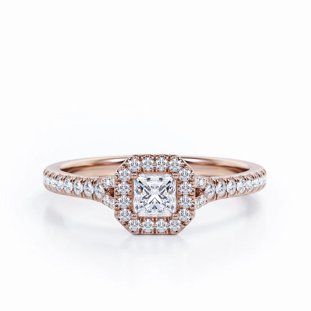 Four-Prong Octagon Halo Design - 0.5 TCW Princess Cut Diamond - Split Shank Pave Engagement Ring - 10K Rose Gold Casual Gift