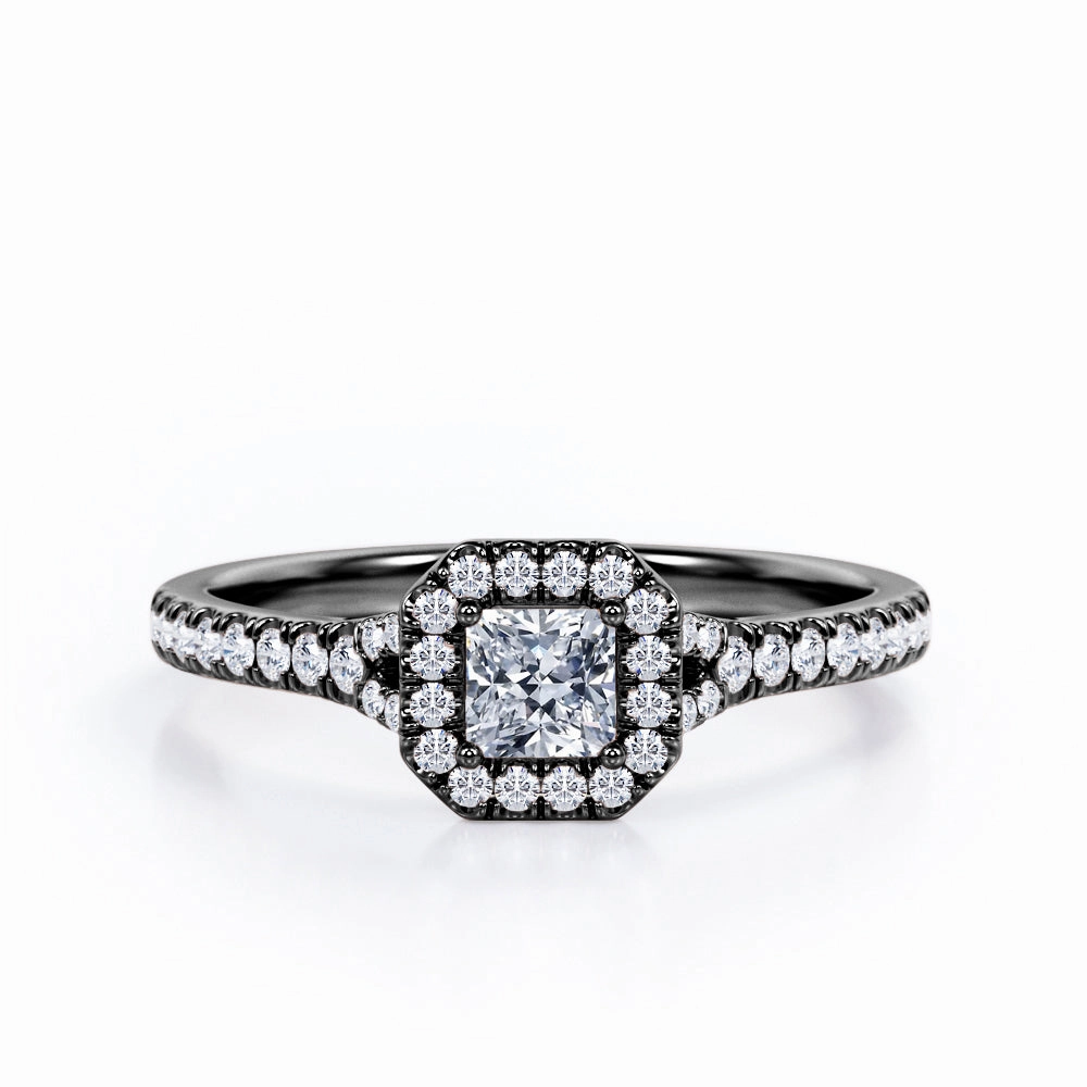 Gloss Detail Four-Prong Octagon Halo Design - 0.5 TCW Princess Cut Diamond - Split Shank Pave Engagement Ring - 10K Rose Gold