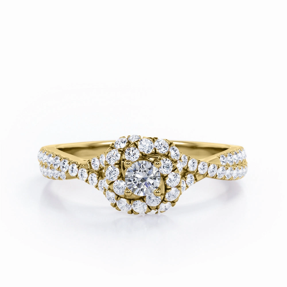 Sentimental Design Personal Appearance Four-Prong Twirl Halo 0.5 TCW Round Brilliant Cut Diamond Crossover Scalloped Pave Engagement Ring in 10K Yellow Gold