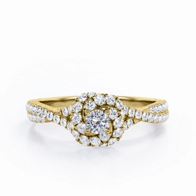 Sentimental Design Personal Appearance Four-Prong Twirl Halo 0.5 TCW Round Brilliant Cut Diamond Crossover Scalloped Pave Engagement Ring in 10K Yellow Gold