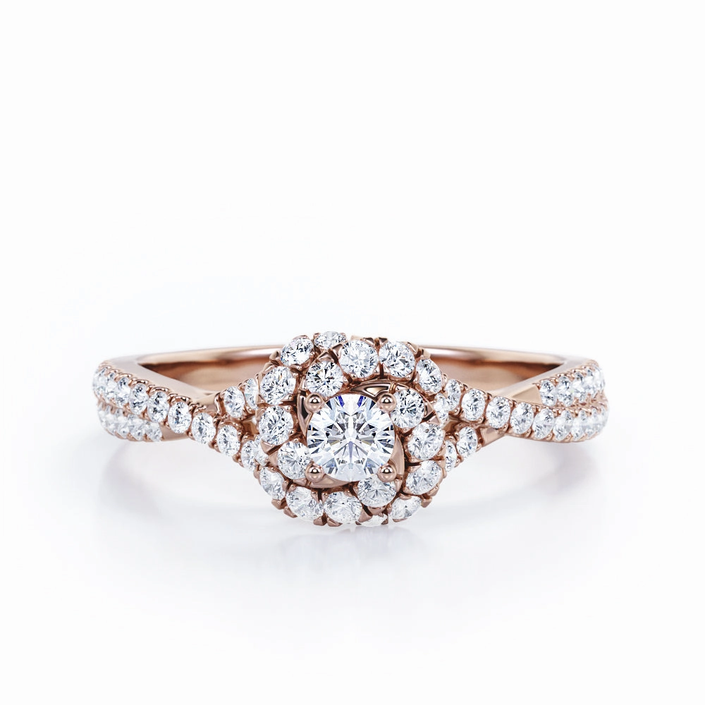 Classic Piece Four-Prong Twirl Halo 0.5 TCW Round Brilliant Cut Diamond Crossover Scalloped Pave Engagement Ring in 10K Yellow Gold