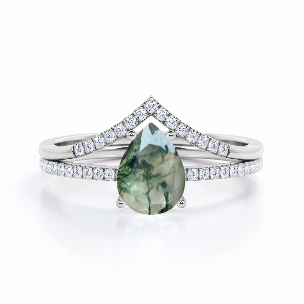 All Event Wonderful Style Four prongs 0.8 carat Pear Moss Agate Bridal Set