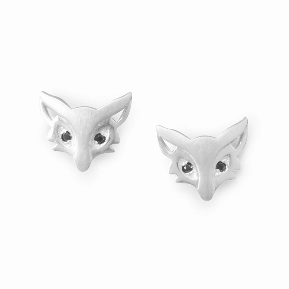 Simple Detail Fox Stud Earrings Sterling Silver with Black Cubic Zirconia Eyes