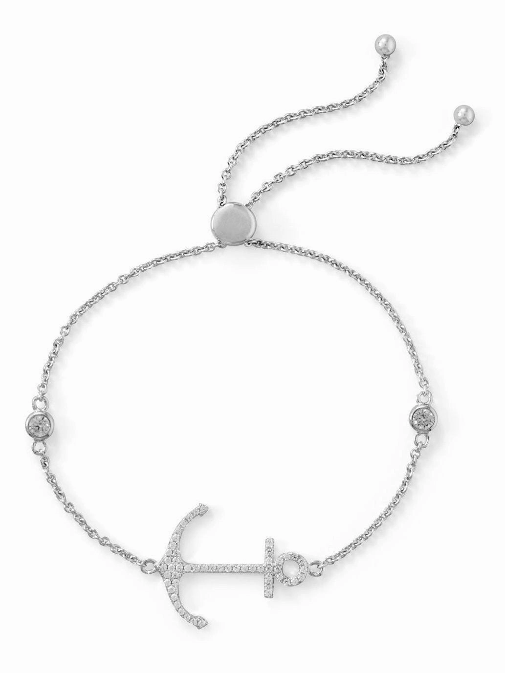 Tropical Flair Friendship Bolo Bracelet with Anchor Adjustable Length Rhodium on Sterling Silver