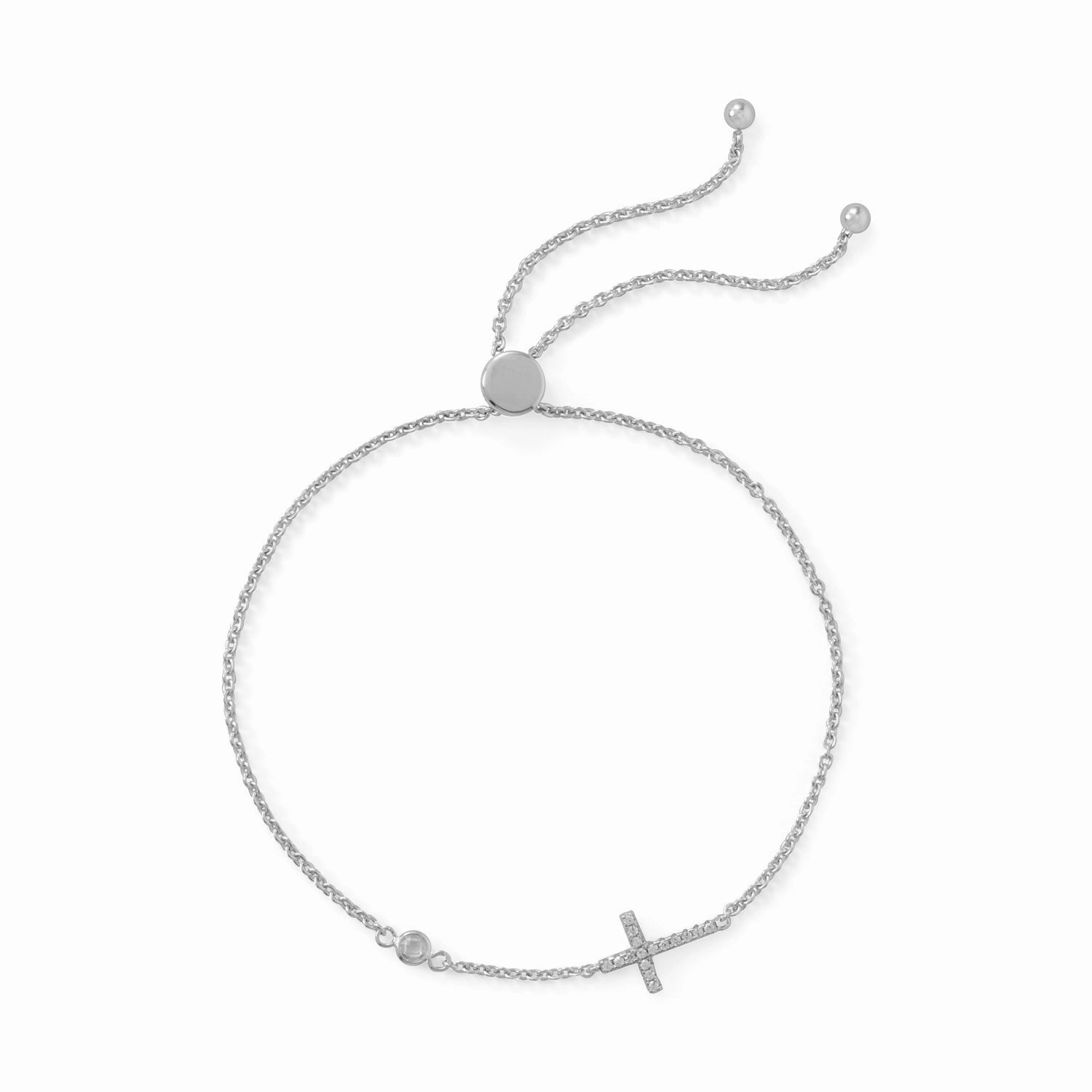 Exceptional Talent Distinctive Style Friendship Bolo Bracelet with Cross Adjustable Length Rhodium on Sterling Silver