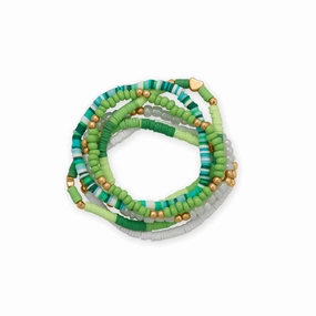 Friendship Stretch Bracelet Set of Six Green Teal White Gold Tone Beads Minimalist Designs Bespoke Story