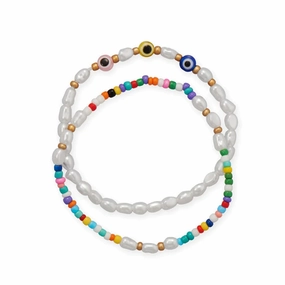 Ethnic Influences Parent-Child Evil Eye Stretch Friendship Bracelet Set with Imitation Pearls
