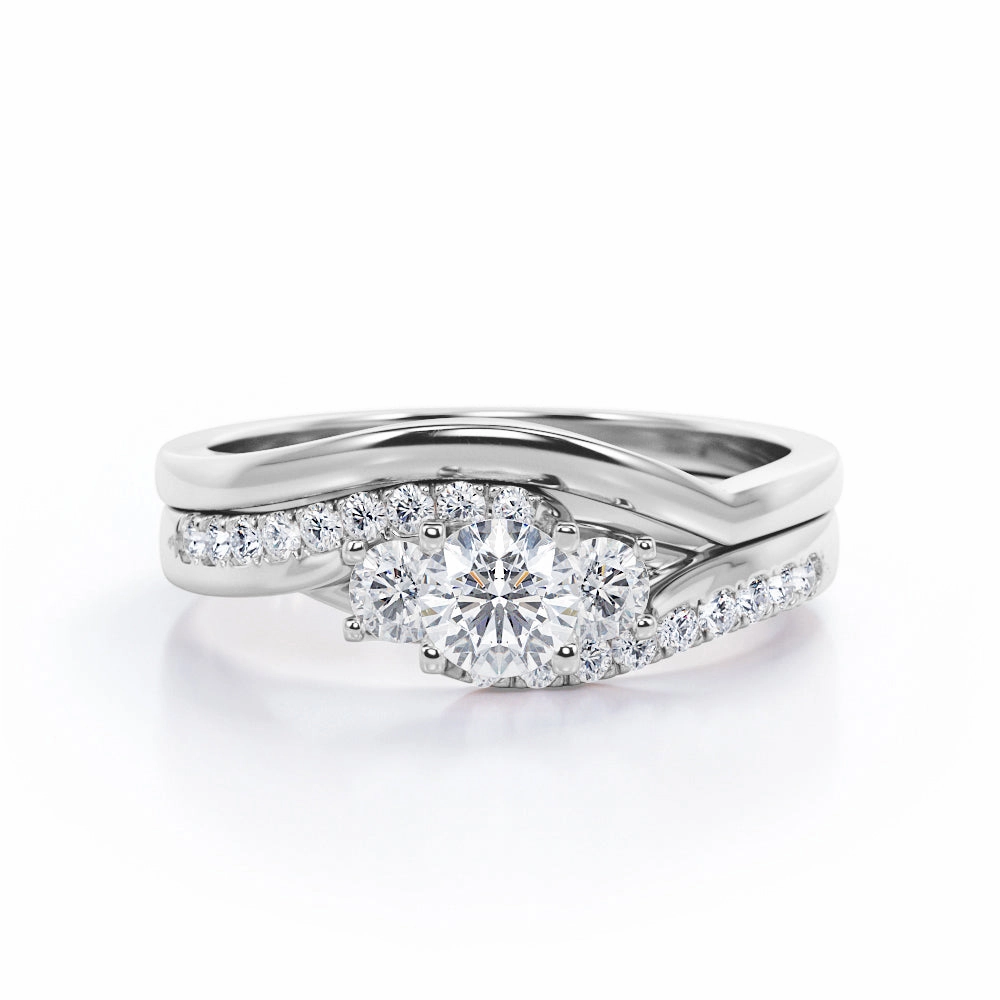 Edge Pave Tension - 0.45 TCW Round Cut Diamond - Triple Stone Wedding Ring Set in White Gold Luxury Accent