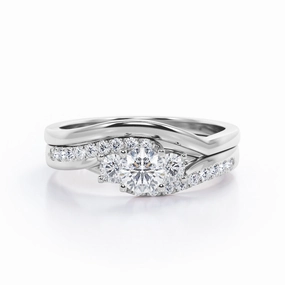 Edge Pave Tension - 0.45 TCW Round Cut Diamond - Triple Stone Wedding Ring Set in White Gold Luxury Accent