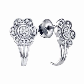 Fashionable Look Genuine Diamond Flower Earrings Rhodium on Sterling Silver