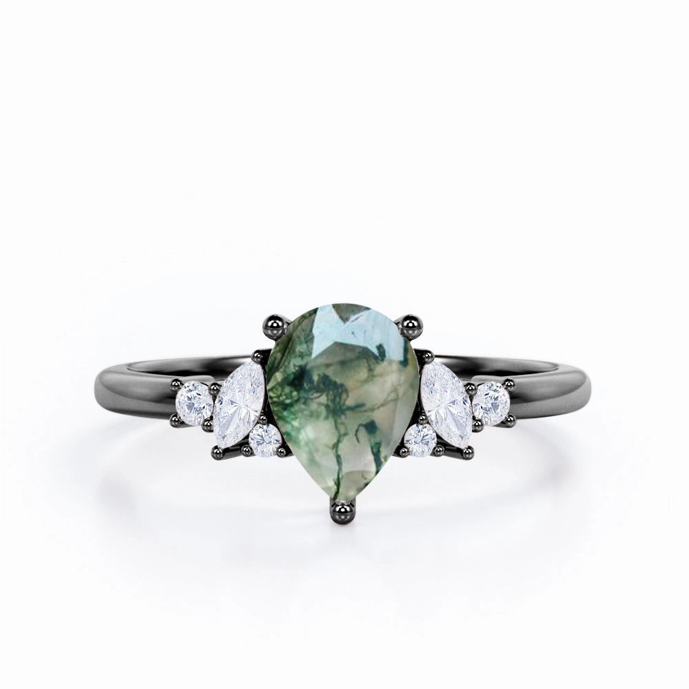Creative Decoration Delicate Bauble Geometric 7 Stone 0.6 ct Pear Moss Agate Engagement Ring