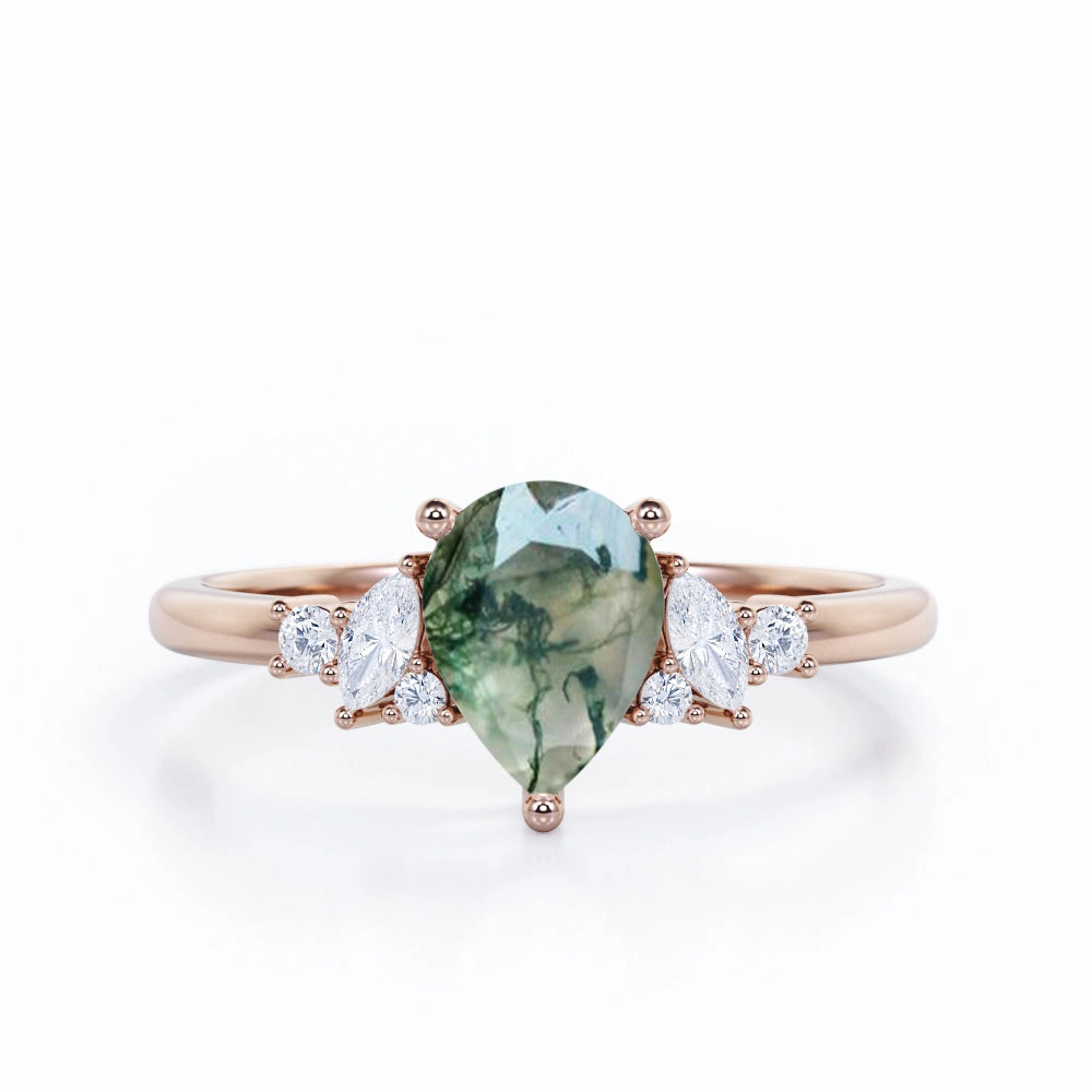 Geometric 7 Stone 0.6 ct Pear Moss Agate Engagement Ring HighEnd Piece