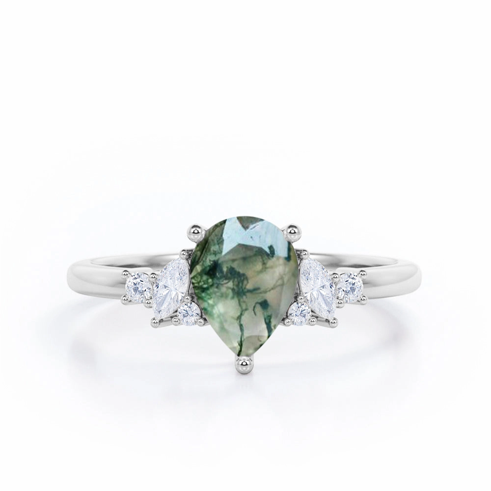 Geometric 7 Stone 0.6 ct Pear Moss Agate Engagement Ring Event Ready Delightful Gift