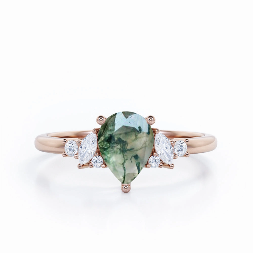 Balanced Contour Geometric 7 Stone 0.6 ct Pear Moss Agate Engagement Ring