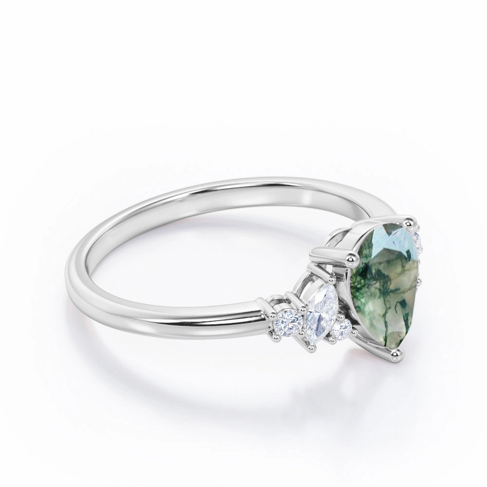 Geometric 7 Stone 0.6 ct Pear Moss Agate Engagement Ring Personal Piece