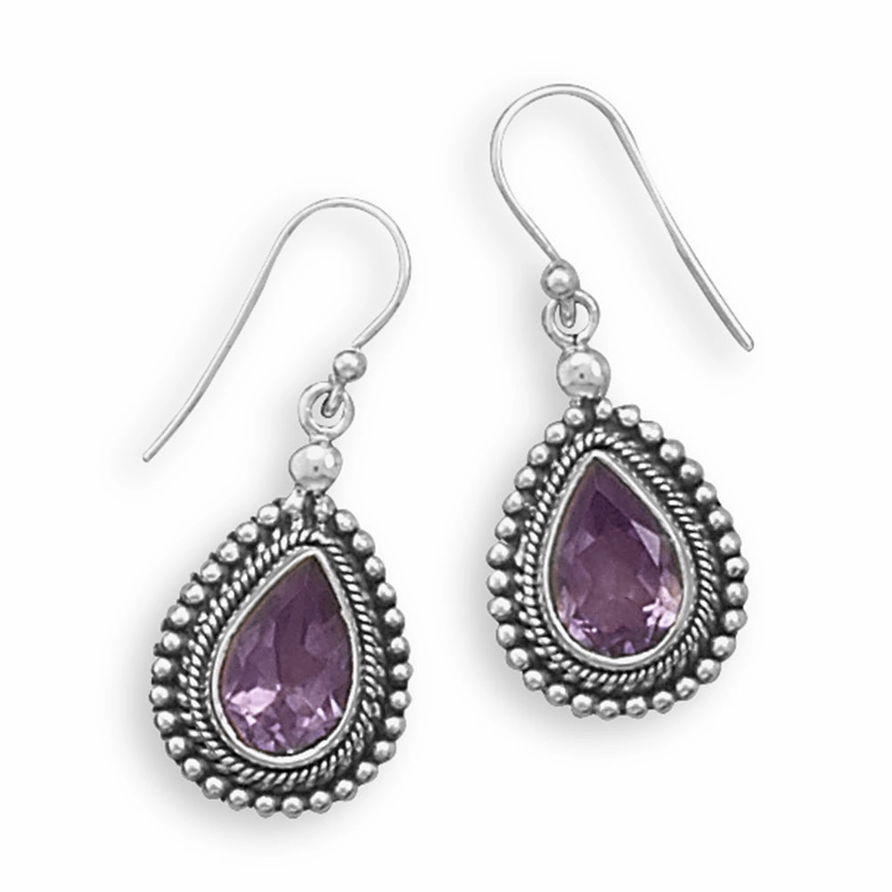 Dainty Accent Amethyst Faceted Teardrop Bead Rope Design Sterling Silver Earrings