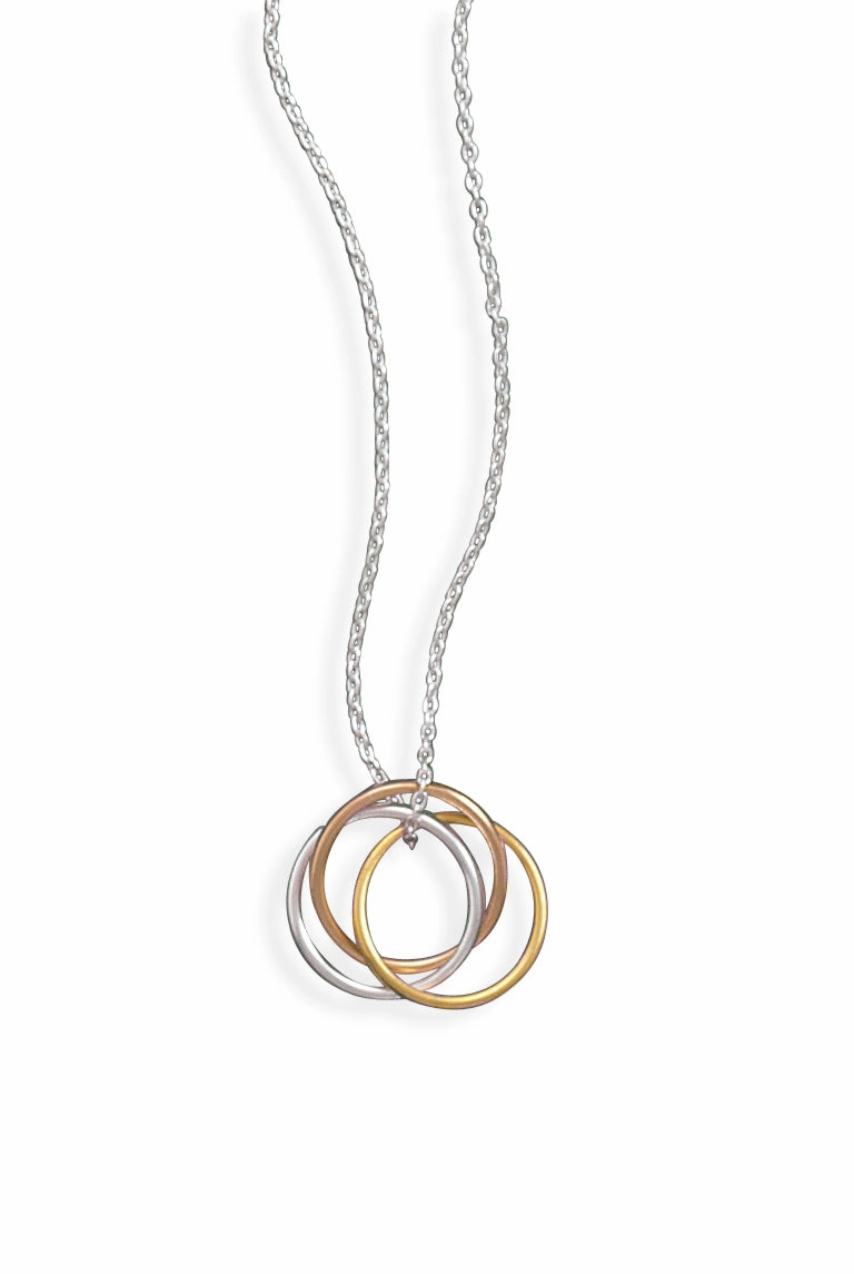 Classic Highlight Beaded Adornment Tri-tone 3 Band Necklace Sterling Silver, Rose and Yellow Gold-plated