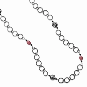 Diverse Fit Black and White Red Bead Necklace Sterling Silver Gunmetal Finish Hammered Long Endless Style