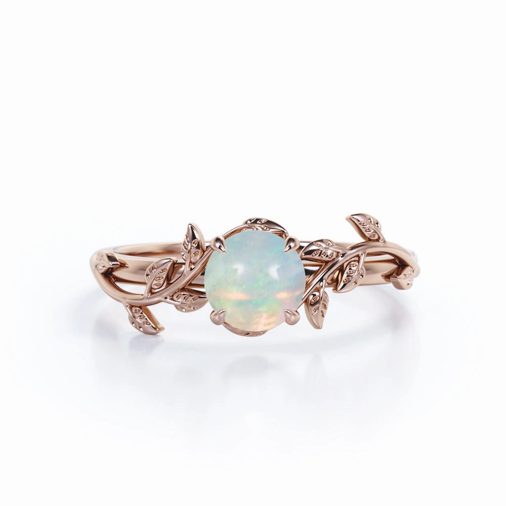 Botanical Design - 0.50 Carat Round Shaped White Fiery Opal - Solitaire Engagement Ring - 18K White Gold Plating over Silver Exquisite Object
