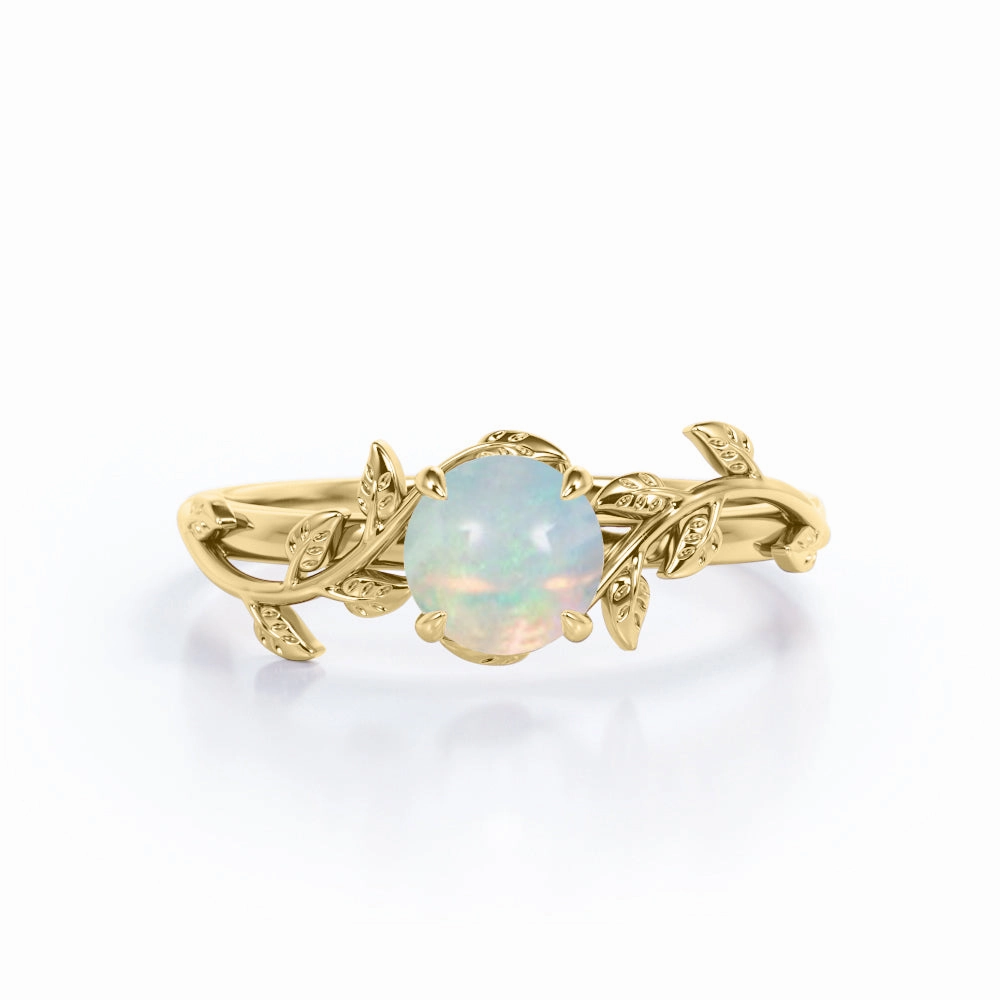 Botanical Design - 0.50 Carat Round Shaped White Fiery Opal - Solitaire Engagement Ring - 18K White Gold Plating over Silver Actual Piece