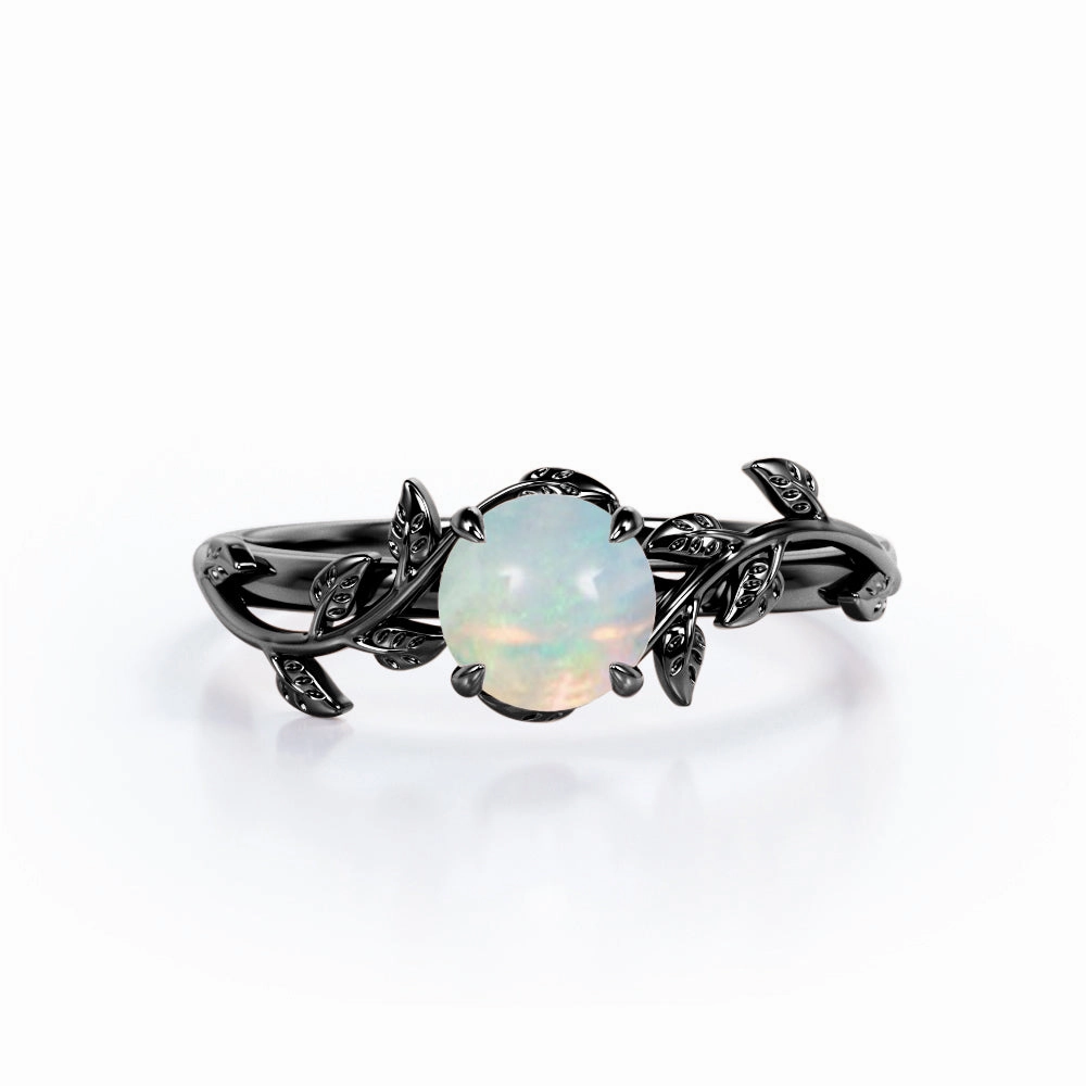 Glam Accent Botanical Design - 0.50 Carat Round Shaped White Fiery Opal - Solitaire Engagement Ring - 18K White Gold Plating over Silver