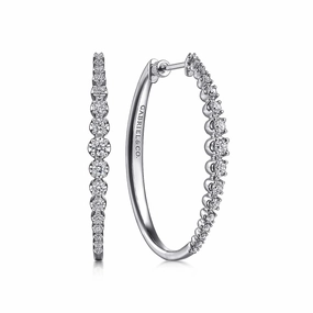 Textured Feature 14K White Gold 40mm Buttercup set Diamond Classic Oval Hoop Earrings