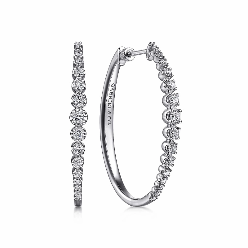 Textured Feature 14K White Gold 40mm Buttercup set Diamond Classic Oval Hoop Earrings