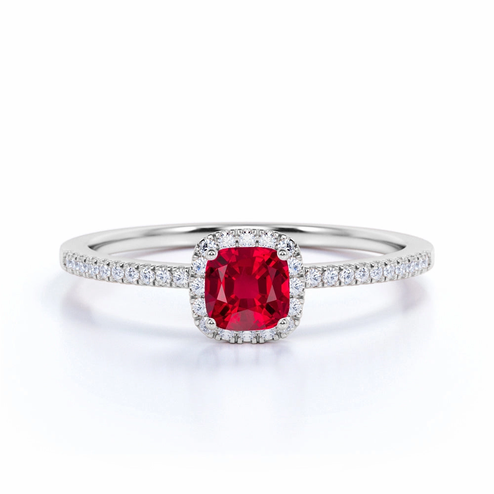 Custom Sign Durable Appearance Halo 0.75 ct Cushion Lab-Created Ruby Pave Engagement Ring