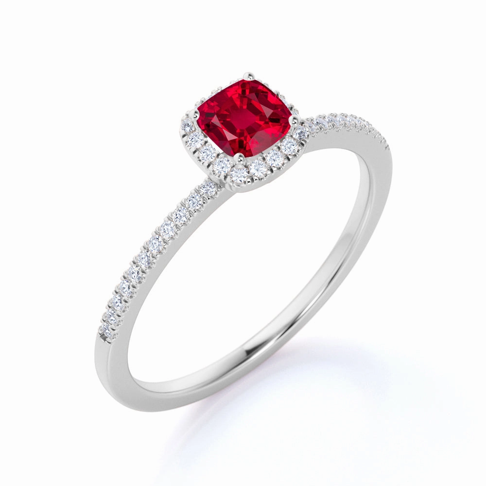 Jewelry Article Halo 0.75 ct Cushion Lab-Created Ruby Pave Engagement Ring
