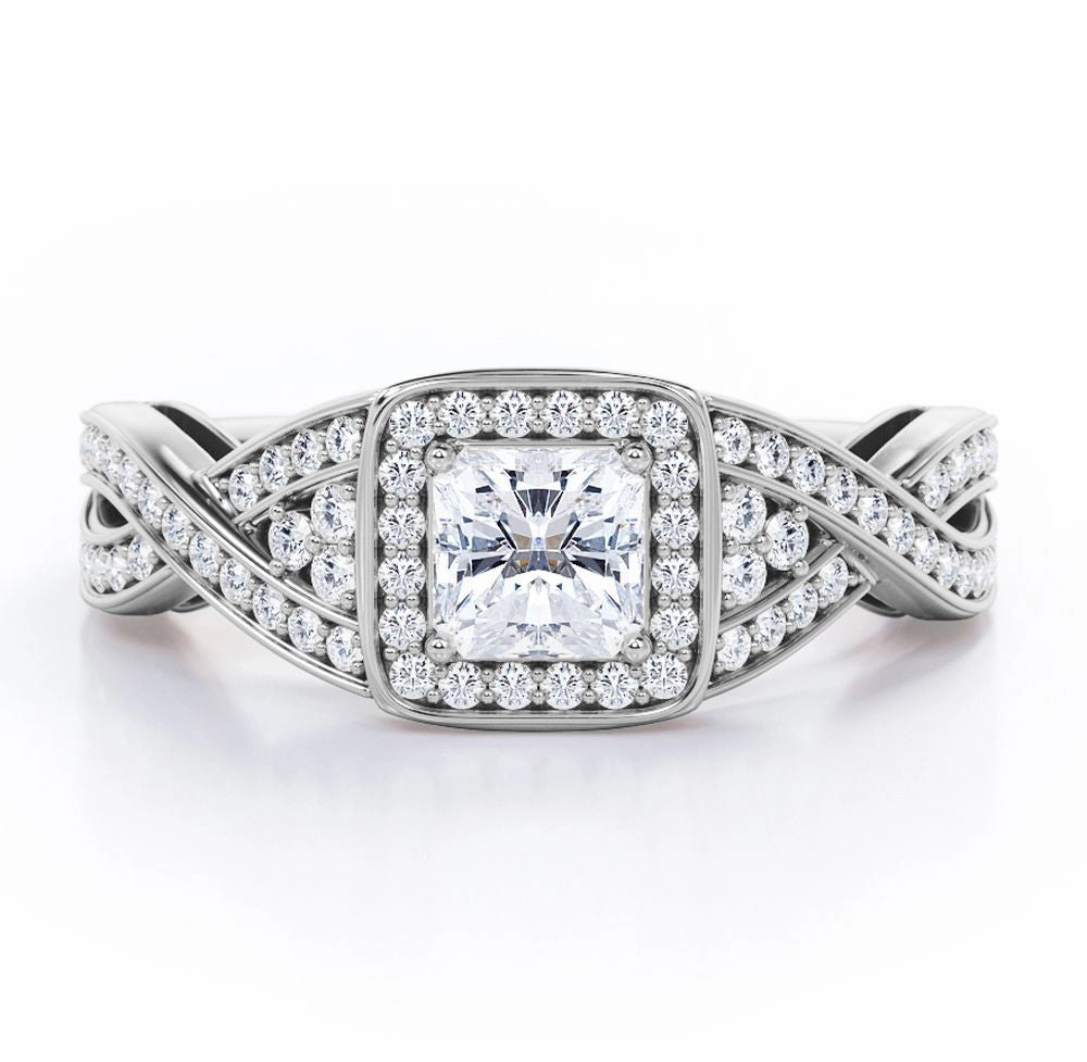 Halo Pave Channel 0.55 TCW Princess Cut Diamond Cluster Crossover Engagement Ring in 10K White Gold Meaningful Product Personal Object