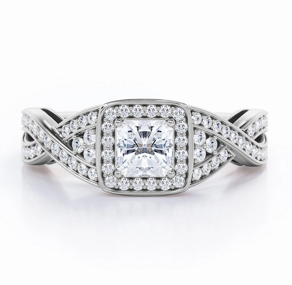 Halo Pave Channel 0.55 TCW Princess Cut Diamond Cluster Crossover Engagement Ring in 10K White Gold Evening Look