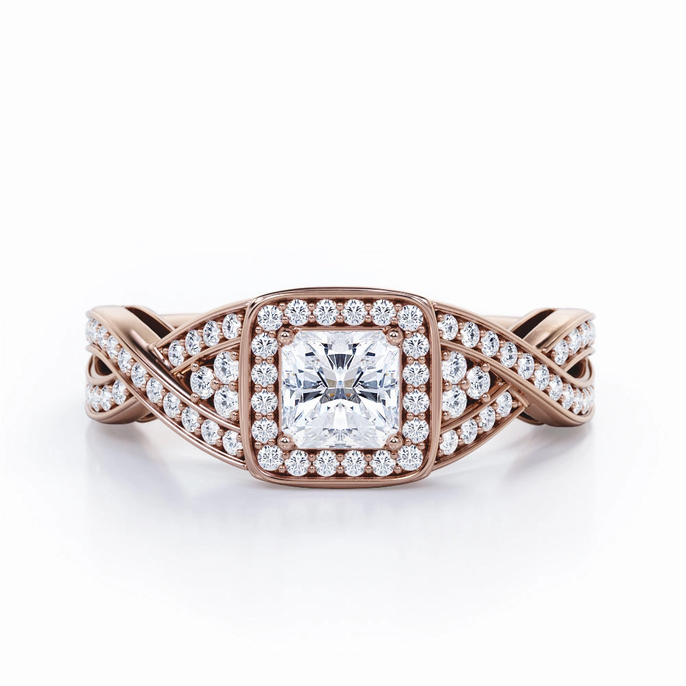 Halo Pave Channel 0.55 TCW Princess Cut Diamond Cluster Crossover Engagement Ring in 10K White Gold Creative Design