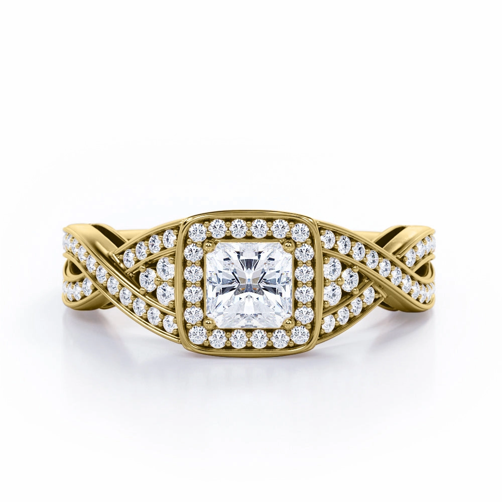 Halo Pave Channel 0.55 TCW Princess Cut Diamond Cluster Crossover Engagement Ring in 10K White Gold Excellent Accessory Balanced Structure