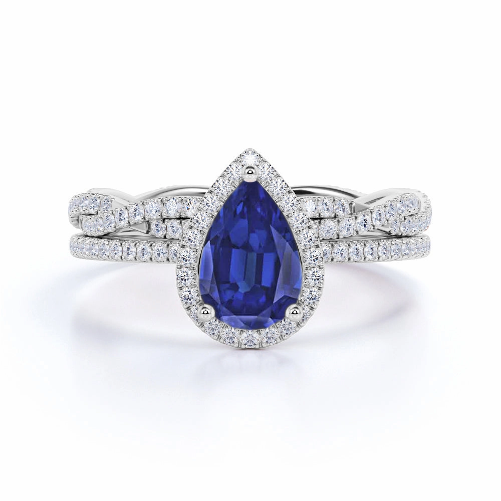 1.85 Ct Pear Cut Lab Sapphire Infinity Bridal Set Suburban Trend Soft Polish