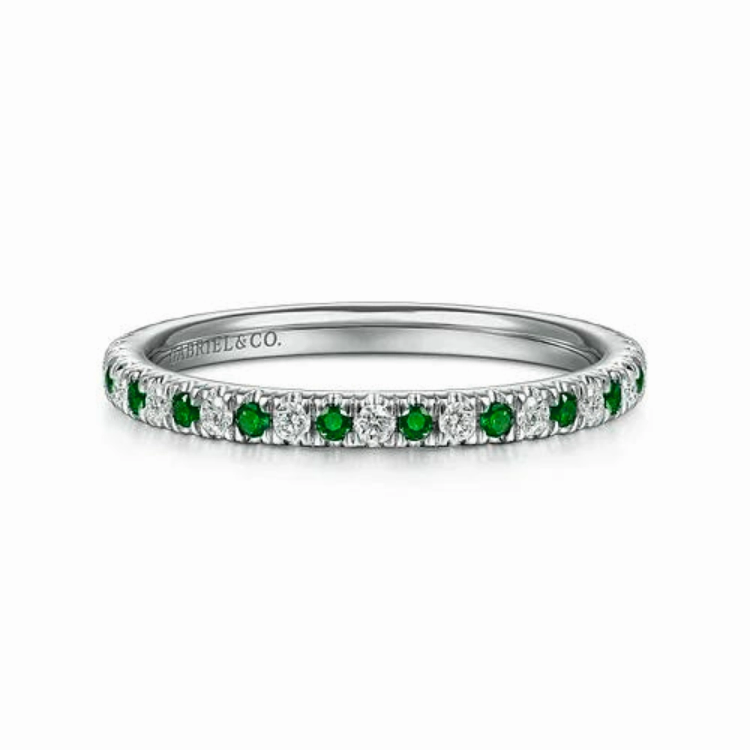 Artful Accent 14K White Gold Thin Stackable Emerald and Diamond Ring