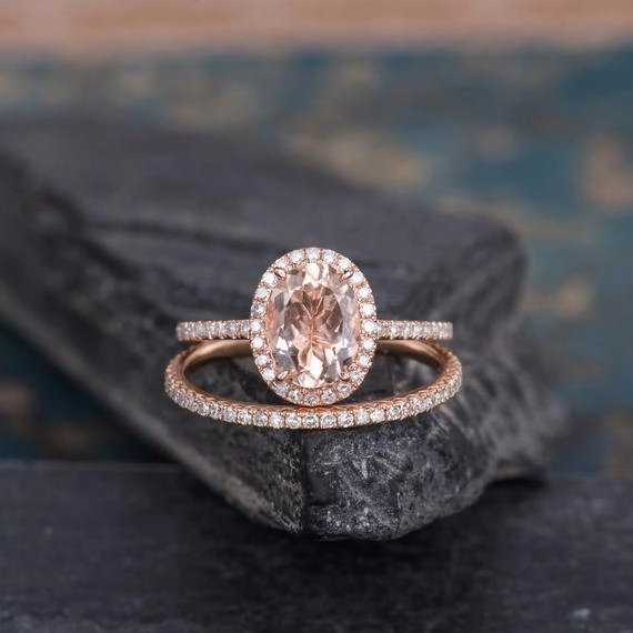 Asymmetric Balance Creative Work Halo 1.75 ct Oval Morganite Pave Wedding Ring Set