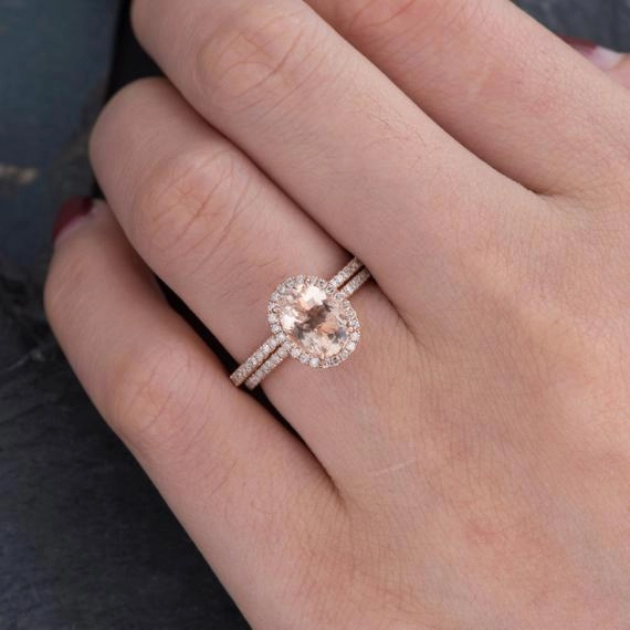 Organizational Insignia Artisan Shape Halo 1.75 ct Oval Morganite Pave Wedding Ring Set